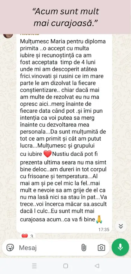 Captură de ecran cu mesajul de la Nicoleta