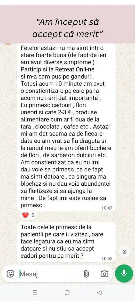 Captură de ecran cu mesajul de la Elena Mocanu